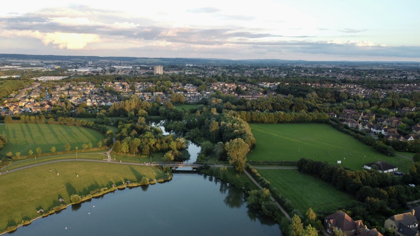 Aerial view of Milton Keynes parkland and lakes